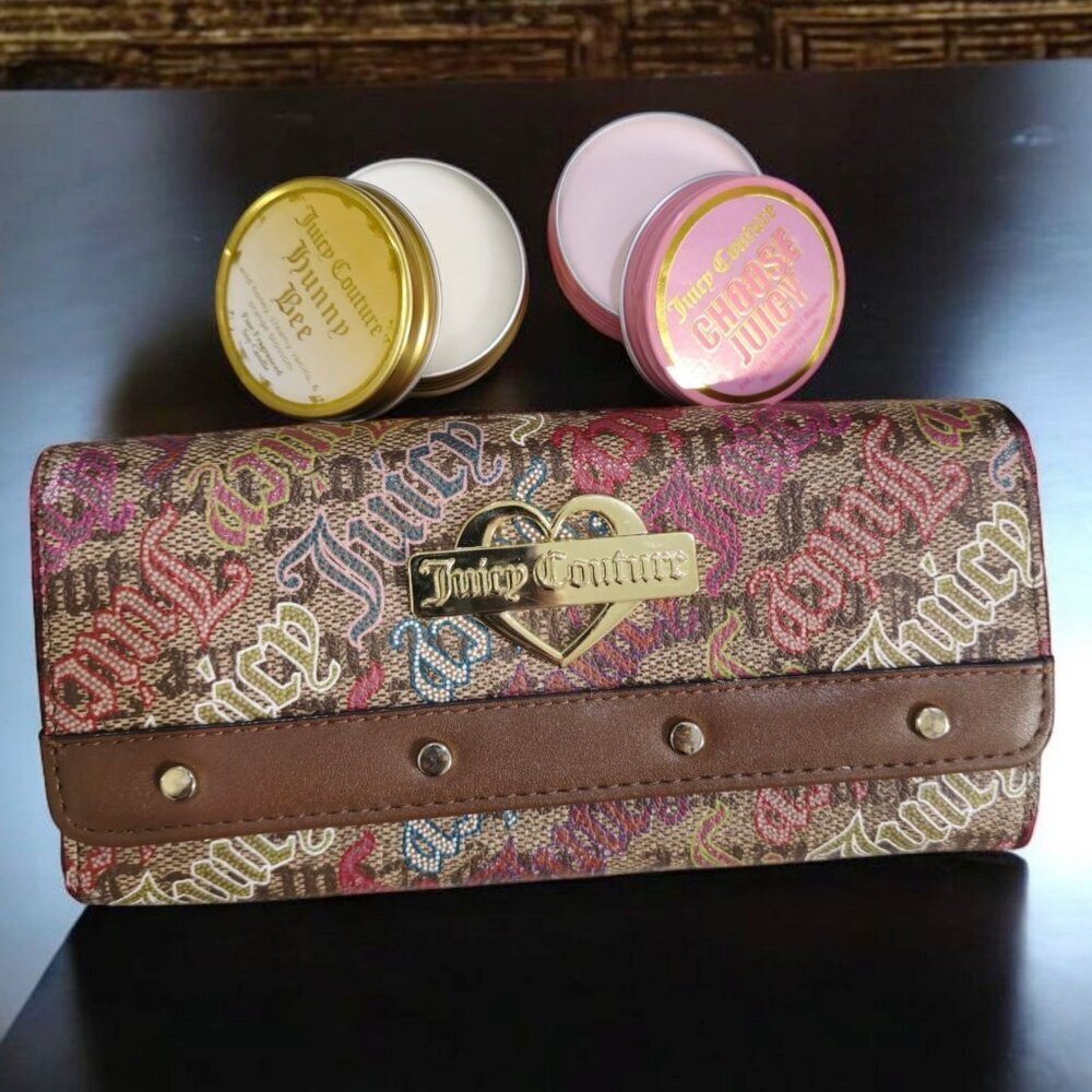 Juicy Couture ✦ Signature Print Wallet ✦ Pink Logo Pattern Gold Hardware Slim